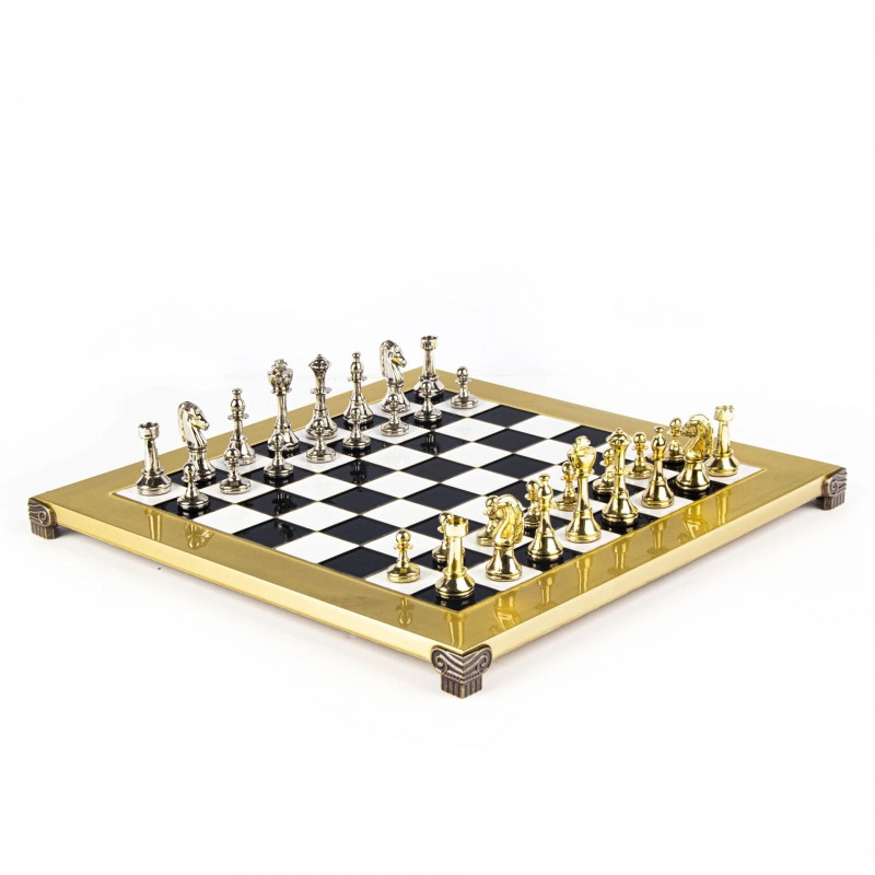 Šah set MANOPOULOS Classic Metal Staunton & Black/White Chessboard 44x44 cm