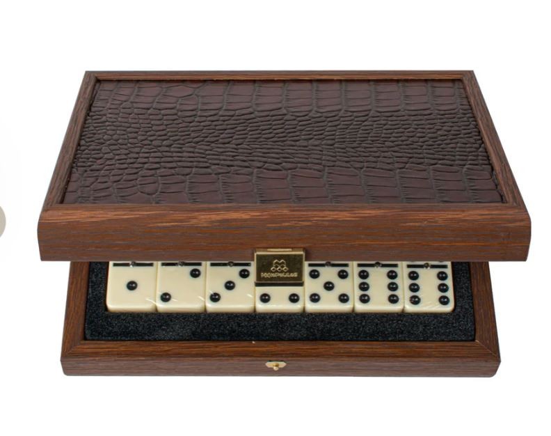 Domino set MANOPOULOS 5,2x2,7x1cm Brown Leather Croc tote wood case