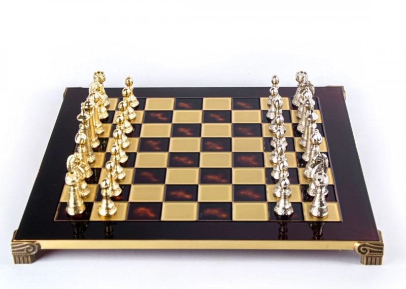 Šah set MANOPOULOS Classic Metal Staunton & Bronze/Red Chessboard 44x44 cm